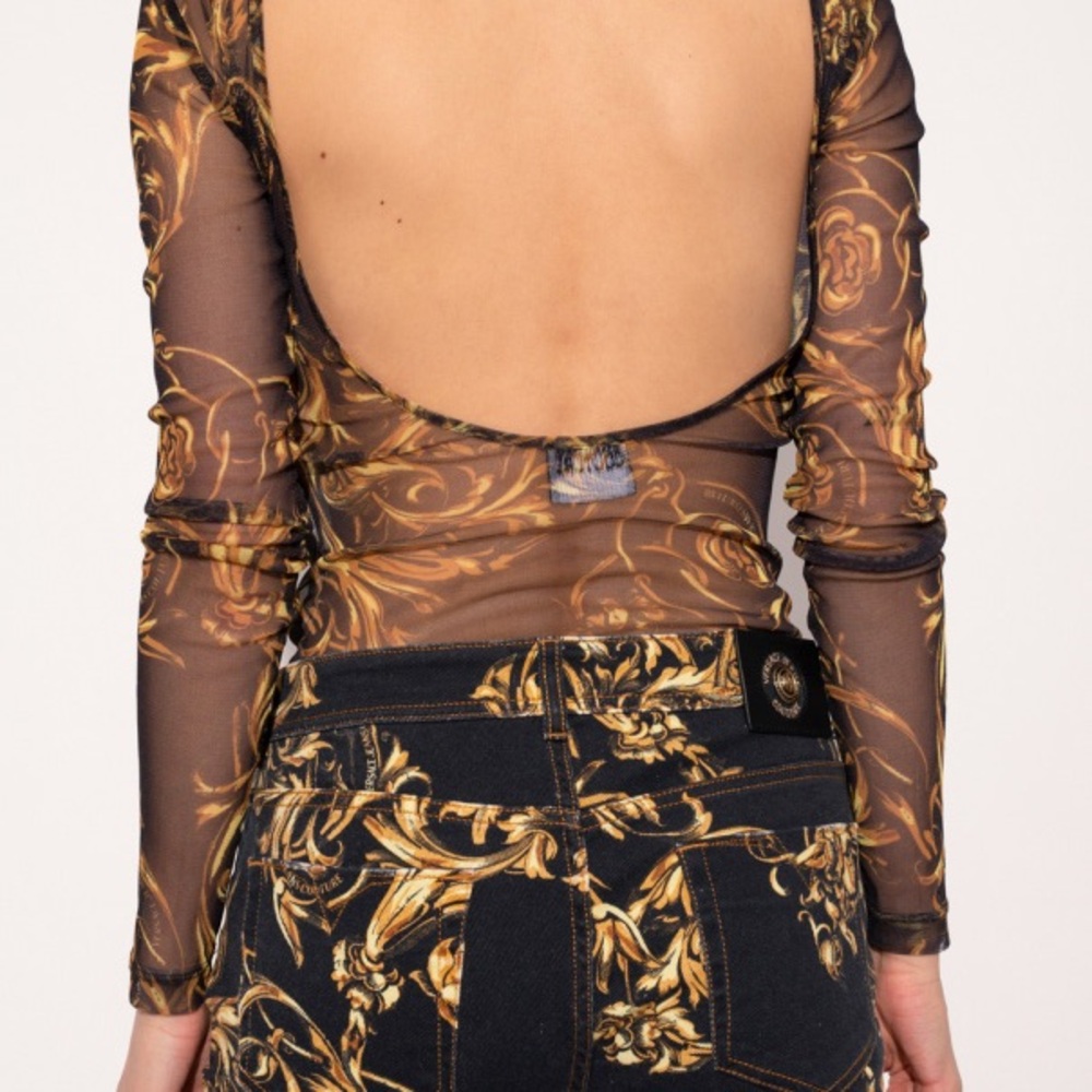 Versace Black Sheer Long-Sleeve Baroque Print Bodysuit with Gold Accents - Picture 4 of 7
